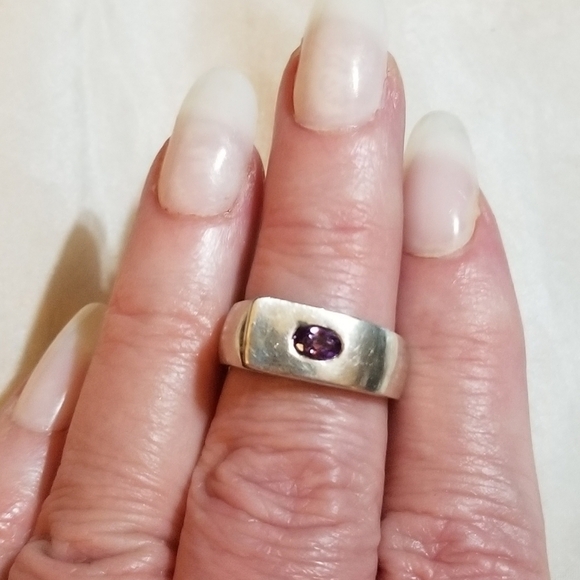 Vintage Jewelry - 𝅺vtg Hand Crafted Sterling Amethyst Cigar Band Ring